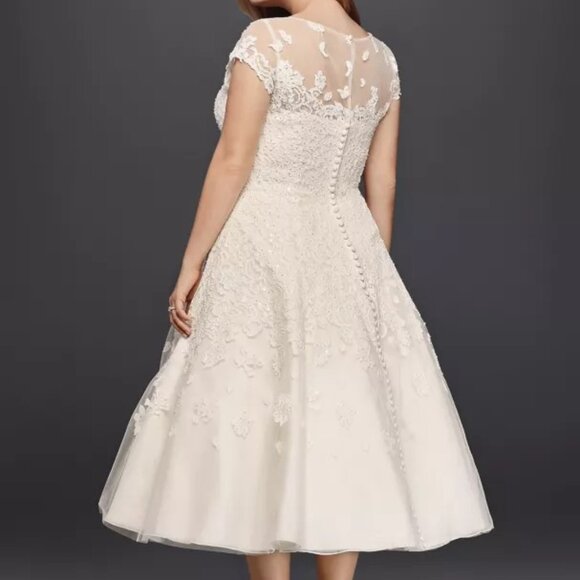 Oleg Cassini for David's Bridal Cap Sleeve Tea-Length Wedding Dress - Picture 2 of 14